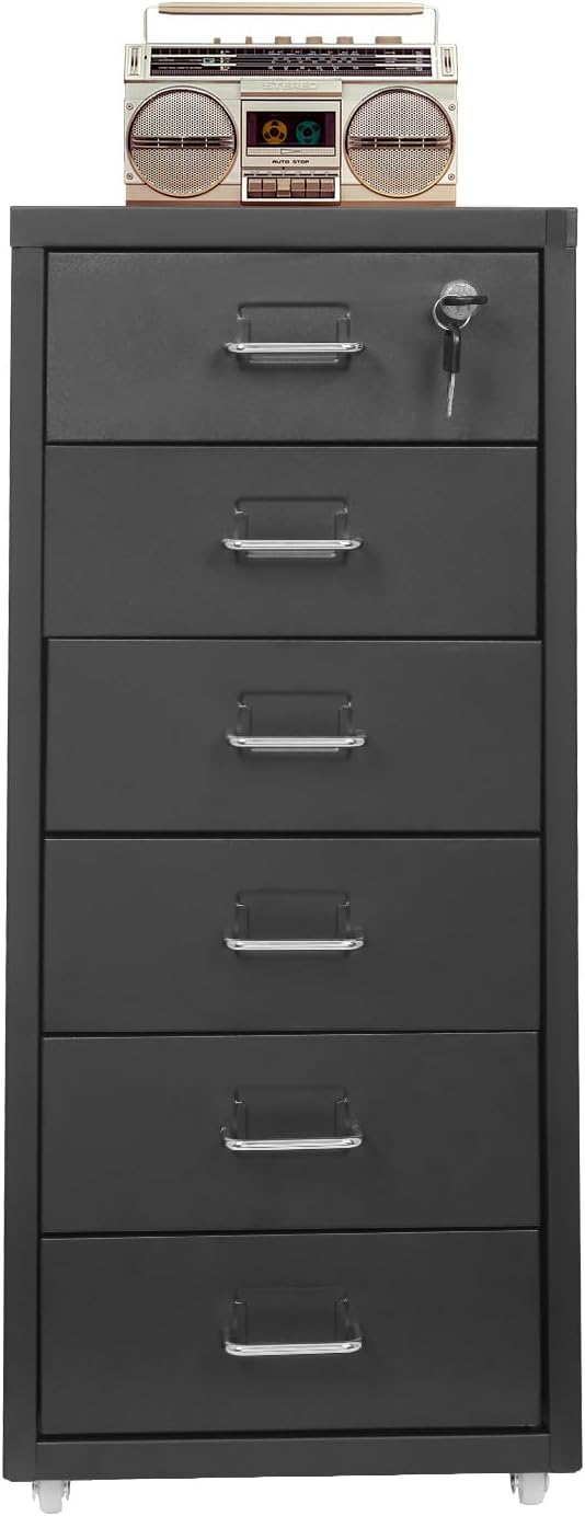 6 Tiers Metal File Cabinet with 6 Drawers Vertical Filing Cabinet with Lock & Wheels Freestanding Locking Storage Cabinet for Home Office, 11 * 16 * 27in (Black)