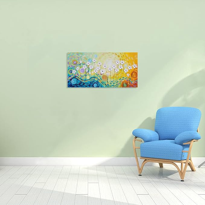 YHSKY ARTS White Flower Oil Paintings with Hand Painted Textured Modern Colorful Canvas Wall Art Contemporary Botanical Pictures Abstract Aesthetic Artwork for Living Room Bedroom Bathroom Decor
