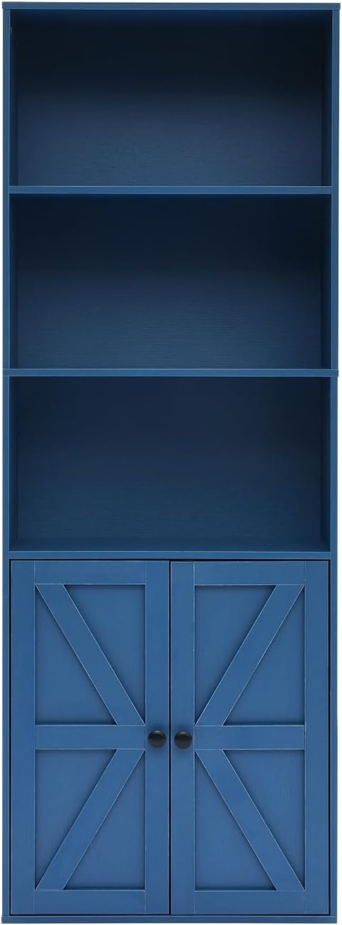 Blue 5-Tier Bookshelves for Living Room, Farmhouse Tall Bookcase with Doors, Wooden Bookshelf with Storage Cabinet and Shelves for Living Room, Home Office