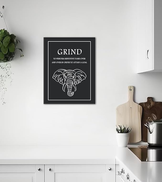 Grind Canvas Wall Art - Inspirational Quote Print with Elephant Illustration, Repetitive Efforts for Success Poster Black and White Motivational Wall Decor for Office Gym Home, Framed 18"x24"