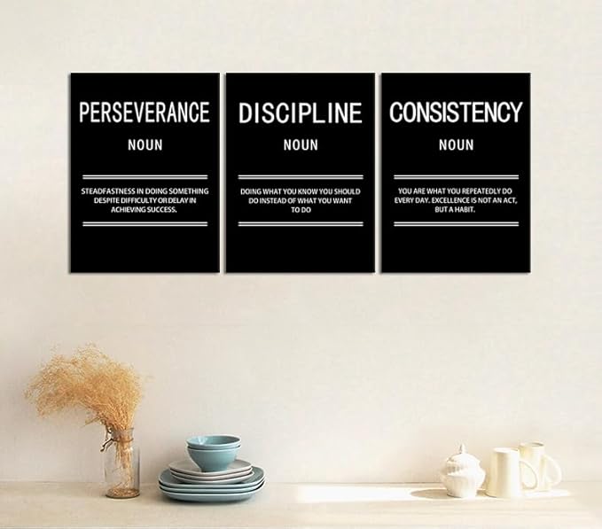 Perseverance Discipline Consistency Motivational Canvas Office 3 Panel Print Wall Art Inspirational Poster Painting Modern Inspiring Artwork for Home Living Room Decor Ready to Hang [36''Wx 16''H]