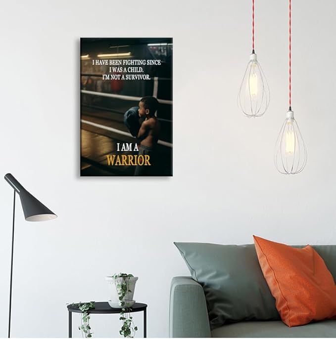 Motivational Wall Art I Am A Warrior Fighter Spirit Motivational Wall Decor for Boxing Gym Sports Room Home Bedroom Inspirational Boxing Poster Framed [24" W X 36" H]