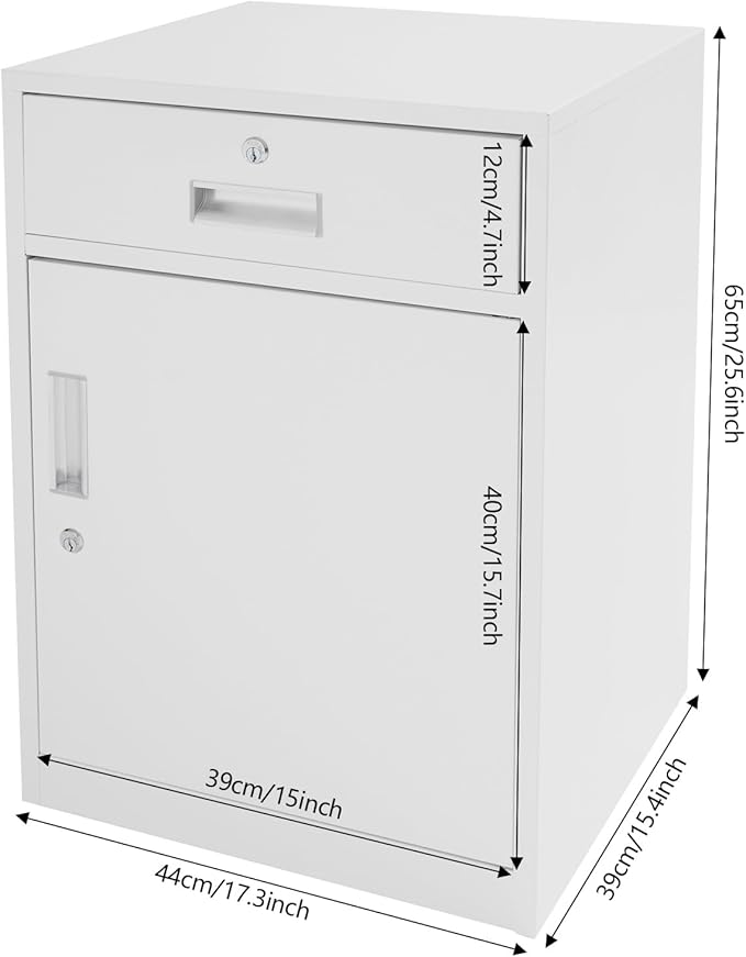 Metal Storage Cabinet with Lock, Under Desk Office Cabinet, Vertical File Cabinet, Printer Stand, Locking Filing Cabinet for Home Office, White
