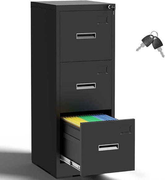3 Drawer Filing Cabinet with Lock and Card Slot, Locking Vertical File Cabinet for Home Office, Small Metal File Cabinets for Hanging Legal Letter File Folders, Assembly Required(Black)
