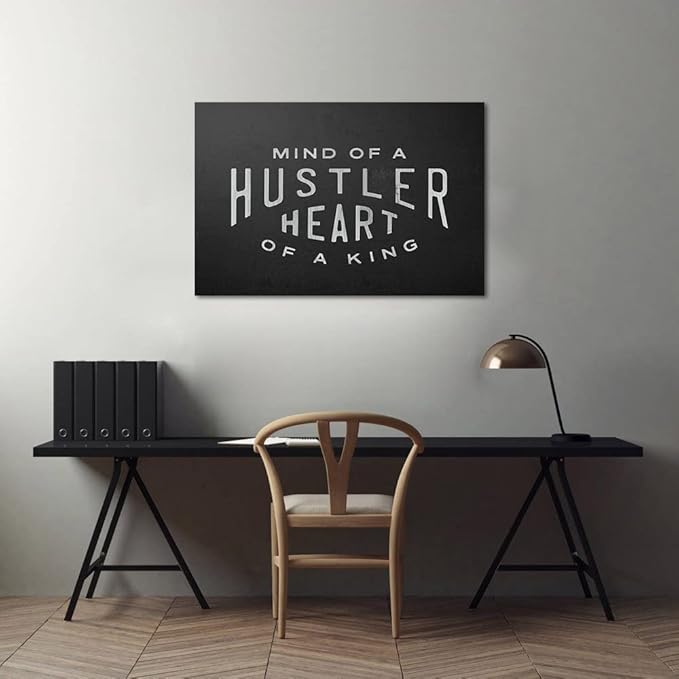 Mind Of A Hustler Heart Of A King - Inspirational Contemporary Entrepreneur Quotes Canvas Wall Art Black and White Motivational Framed Artwork HD Print Easy to Hang-36 Wx24 H