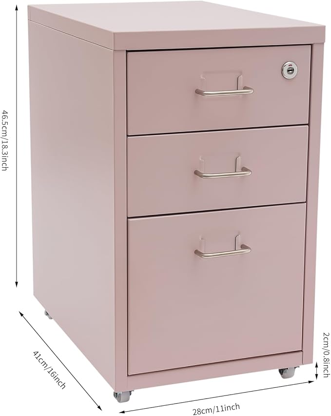3-Drawer Vertical File Cabinet, Pink Metal Mobile File Cabinets with Lock, Filing Folders Storage Cabinet Under Desk for Home Office, 11" L * 16" W * 18.3" H