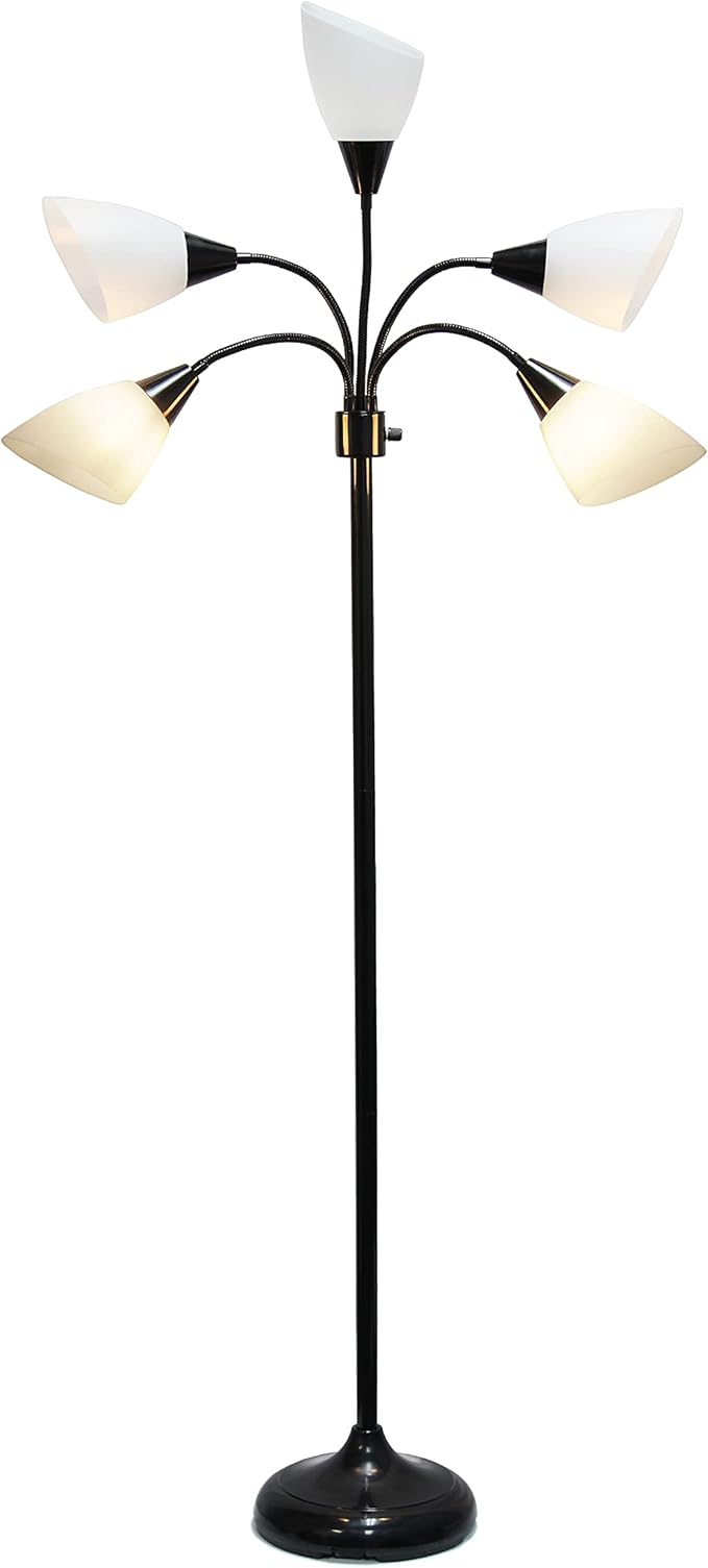 Simple Designs LF2006-BAW 67" Contemporary Multi Head Medusa 5 Light Adjustable Gooseneck Black Floor Lamp with White Shades for Kids Bedroom Playroom Living Room Office