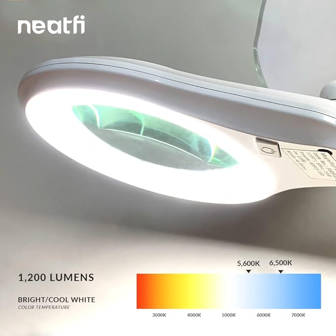 Neatfi LED Magnifying Lamp 1,200 Lumens with Clamp – 5” 5-Diopter Glass Lens, Dimmable Task Light | Adjustable Arm | Reading, Sewing & Crafting (White, 5 Diopter)
