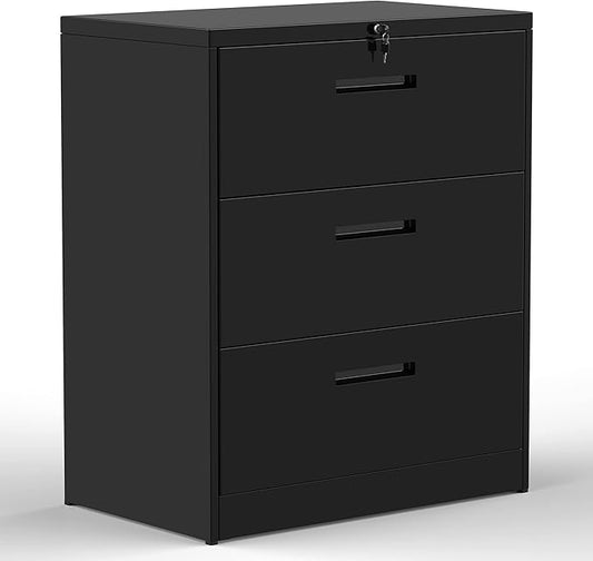 Lateral File Cabinet, 3 Drawers Metal Lockable Filing Cabinet for Commercial Grade Office Legal and Letter File (Black)