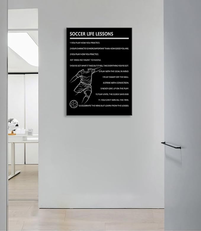WYJDFART Inspirational “Soccer Life Lessons ” Wall Art Motivational Sports Quotes Poster Canvas printed poster for Boys Bedroom Gym Office Framed Ready to Hang [30" W X 40" H]