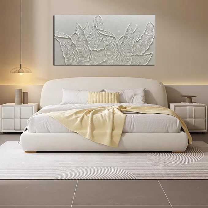YaSheng Art- Wall Art Oil Paintings ,Modern Tropical Palm Leaf Wall Art, Handmade 3D Textured Relief White，Modern Minimalist Wall Art Abstract Artwork painting, Wall Art for living room Bedroom Wall Deco Home, Framed Wall Art Pictures 24X48 Inches
