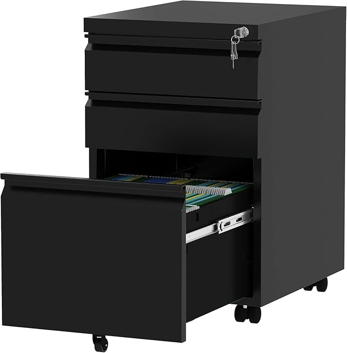 YITAHOME 3-Drawer Rolling Filing Cabinet Office Drawers, Lockable Office Storage Cabinet with Hanging Bars and Pencil Tray, Pre-Assembled Metal File Cabinet Under Desk (Black)