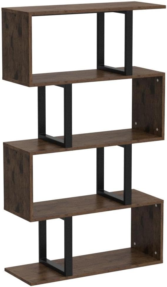 YITAHOME 5-Tier Bookshelf, S-Shaped Z-Shelf Bookshelves and Bookcase, Industrial Freestanding Multifunctional Decorative Storage Shelving for Living Room Home Office, Retro Brown