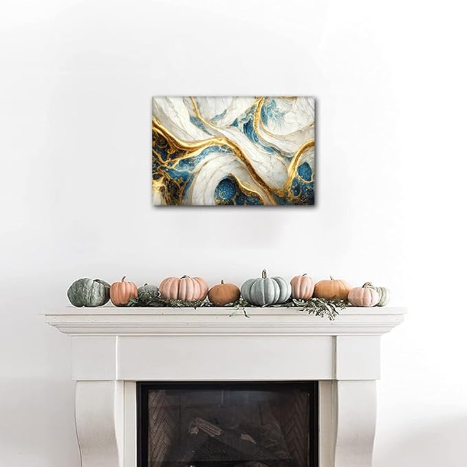 Canvas Wall Art Decor Abstract Artwork Printing 1 Panel Modern Marble Art Poster Blue Gold and White Colors Picture for Home Decor Store Wall Decoration Stretched and Framed Ready to Hang 18x12 in