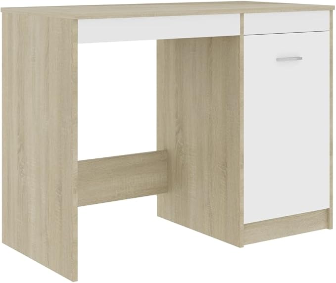 Modern Writing Computer Desk, Home Office Desk Writing Study Table PC Desk Workstation for Bedroom, White and Sonoma Oak 39.4"x19.7"x29.9" Engineered Wood(J)