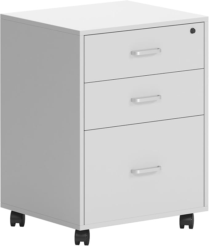 Need 3 Drawer Wood Mobile File Cabinet with Lock,Rolling Filing Cabinet for Letter/A4 Size for Home Office,White,10CZLXFC04WT-ND-XIN