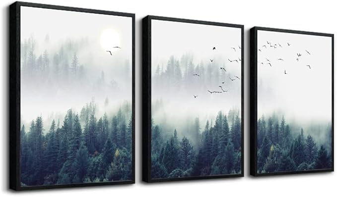 Black Framed Wall Art For Living Room Large Size Wall Decoration For Bedroom Foggy Forest Trees Landscape Painting Office Wall Decor Wall Pictures Artwork 20"X28" Home Decor 3 Piece Framed Art Prints