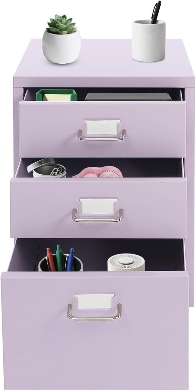 Filing Cabinet with 3 Drawers, Mobile Filing Cabinet with Practical Label Slot, 16 * 11 * 18.9 in Metal Storage Cabinet with Wheels for Home and Office (Purple)