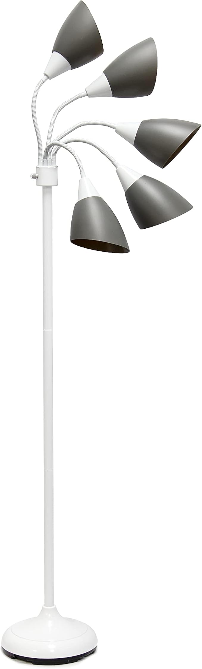 Simple Designs LF2006-GOW 67" Contemporary Multi Head Medusa 5 Light Adjustable Gooseneck White Floor Lamp with Gray Shades for Kids Bedroom Playroom Living Room Office