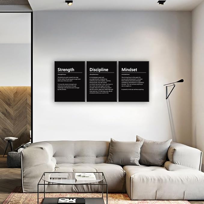 Strength Discipline Mindset Noun Inspirational Painting Wall Art 3 Pieces Canvas Print Office Wall Decor Poster Inspiring Framed Motivational Quotes for Wall Art Decoration Ready to Hang[36''Wx 16''H]