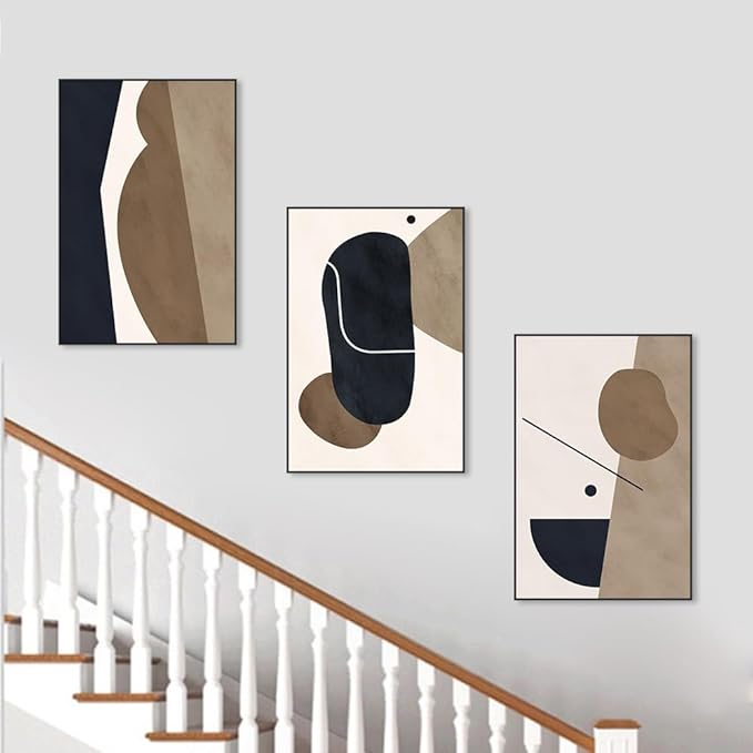 Abstract Framed Canvas Prints,Geometric Wall Art,Black White Brown Decorative,Large 24" X 32"X 3 Panel Modern Wall Decor for Living Room Bedroom Bathroom Hotel Kitchen Bar Office Entryways Wall Décor