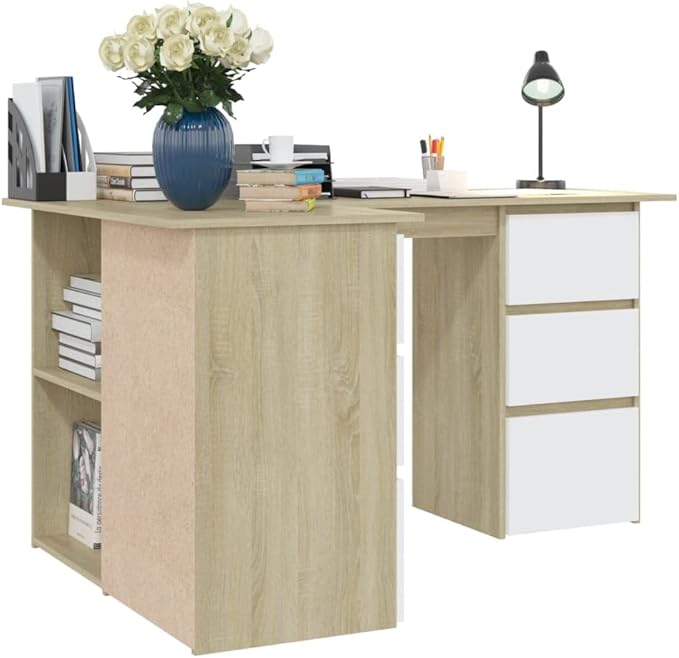 L Shaped Corner Desk Modern Writing Computer Desk, Home Office Desk Writing Study Table PC Desk Workstation for Bedroom, White and Sonoma Oak 57.1"x39.4"x29.9" Engineered Wood(F)