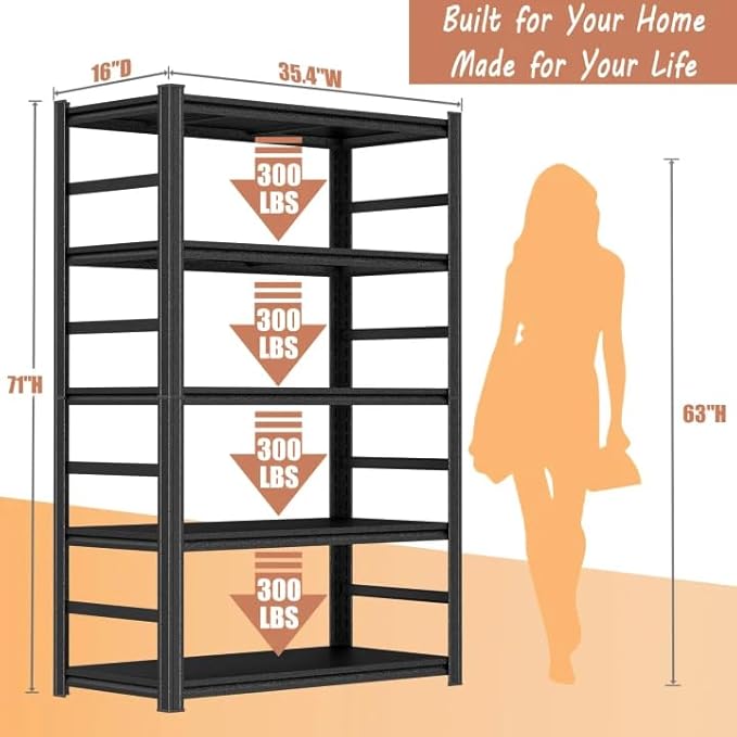 Modern Bookshelf, Book Shelf, 1500LBS Display Bookcase with Steel Frame & Metal Shelves, Adjustable Bolt-Free Storage Shelves for Living Room, Bedroom, Garage, Kitchen (35.4" W x15.7 D x71 H)