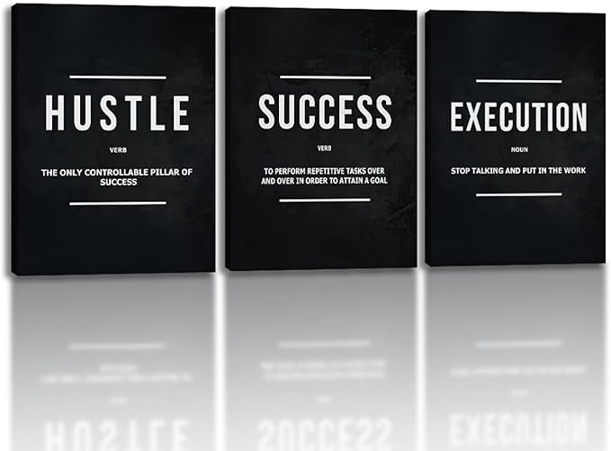 Unbruvo Hustle Success Execution Wall Art for Office, Inspirational Motivational Wall Decor, 3 Pieces Positive Quotes Canvas Wall Art for Entrepreneur Living Room Bedroom(60''Wx 28''H)