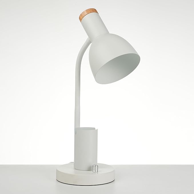 Desk Lamp with Pen Holder, Green, Wood Accent, Adjustable Gooseneck, Modern Study Light (White)