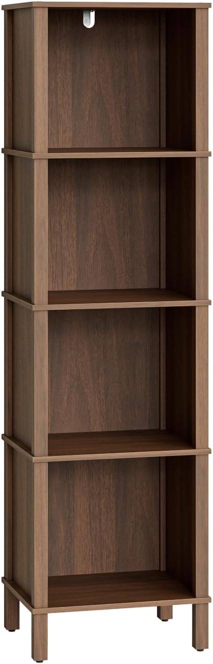 Bookshelf, Modern 4-Tier Bookcase, Open Storage Book Shelf, 11 × 14.2 × 50.4 Inches, Small Narrow Bookshelves for Living Room, Home Office, Bedroom, Walnut