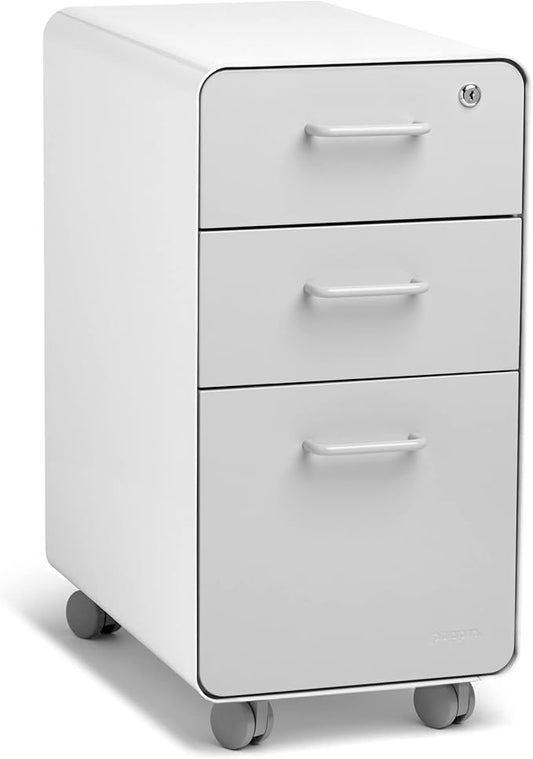 Poppin White + Gray Slim Stow 3-Drawer Rolling File Cabinet, One Lock Secures All Drawers, Durable Powder-Coated Steel Construction, Stay Organized and Keep Documents Safe, 12.5" x 20" x 25"