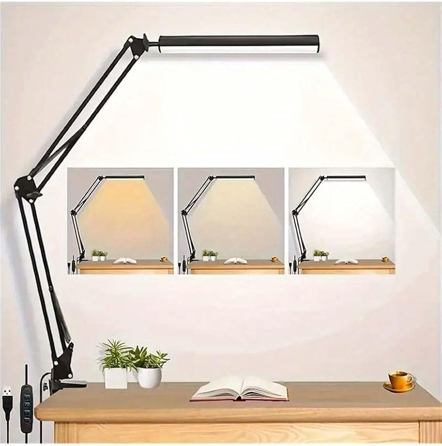 Dimmable LED Desk Lamp with Swing Arm and Clip, USB Powered Eye-Care Light with Memory Function, Adjustable for Office, Dorm, Studio, or Reading