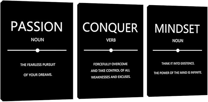 Motivational Wall Art 3 Pieces Inspirational Mindset Conquer Quotes Canvas Poster Prints Wall Paintings Picture Framed Artwork Wall Decor for Office Workplace Wall Art Bedroom Living Room (48"Wx24"H)