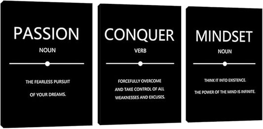 Motivational Wall Art 3 Pieces Inspirational Mindset Conquer Quotes Canvas Poster Prints Wall Paintings Picture Framed Artwork Wall Decor for Office Workplace Wall Art Bedroom Living Room (48"Wx24"H)