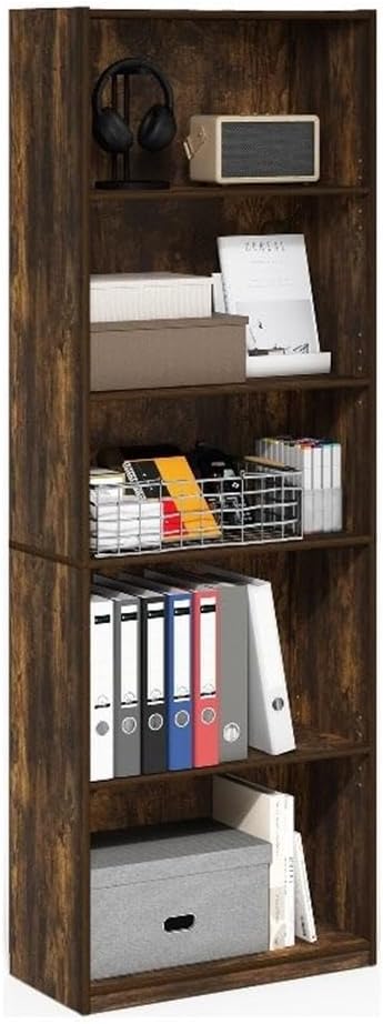 Furinno GEHRY Book Shelf, 5-Tier Bookshelf, Bookcase, with Adjustable Shelves, 11.6 x 24.8 x 71.4, for Home Office, Living Room, Amber Oak