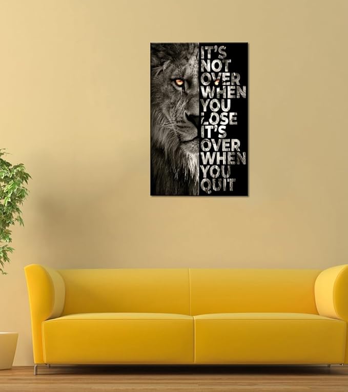 Large Wooden Framed Inspirational Office Artwork Black and White Lion Head Portrait with Motivational Sayings HD Print Giclee Canvas Paintings Pictures for Coffee Shop Framed Easy to Hang-28 x 44 in
