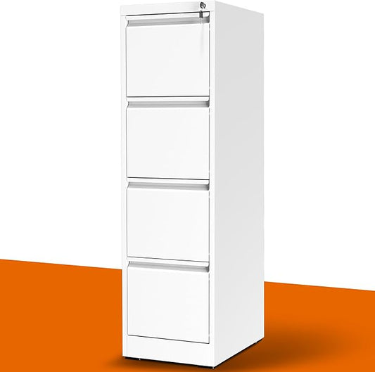 4 Drawer File Cabinet with Lock, Vertical Filing Cabinets for Home Office, Metal Locking File Cabinet Hanging Files for A4/ Legal/Letter Size, Require Assembly, White