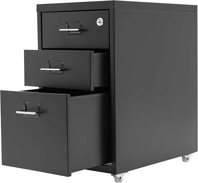 3-Drawer Vertical File Cabinet, 11*16*18.3in Rolling File Cabinet, Mobile Organizer Storage Cabinet with Lock, Office Filing Storage Cabinet Under Desk fits A4 Size, for Home Office (Black)