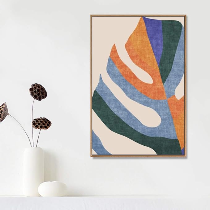 IDEA4WALL Framed Canvas Print Wall Art Orange, Blue & Green Abstract Monstera Leaf Geometric Shapes Illustrations Modern Art Mid-Century Modern for Living Room, Bedroom, Office - 16"x24" Natural