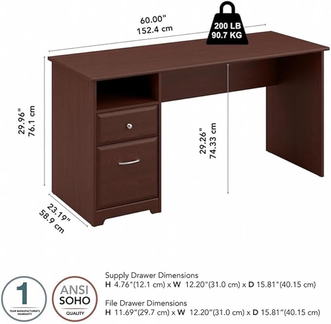 Bush Home Cabot 60W Computer Desk with Drawers in Harvest Cherry, Workstation and File Storage, Desktop with Organization Solution for Home Office