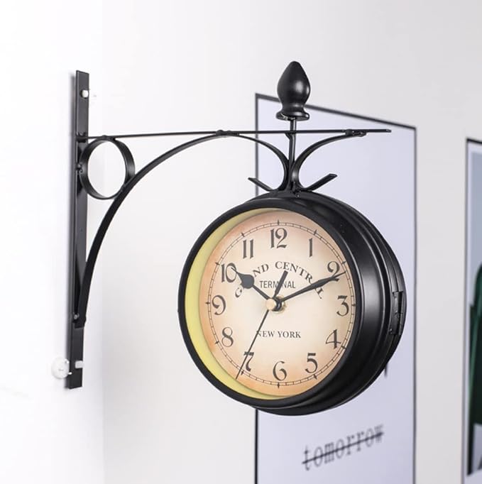 Clock for Bedroom Double Sided Wall Clock Retro Mute Clock Metal Iron Wall Mounted Home Decor Garden Coffee Bar Decoration Wall Clock Office Decor Wall Clock (A)