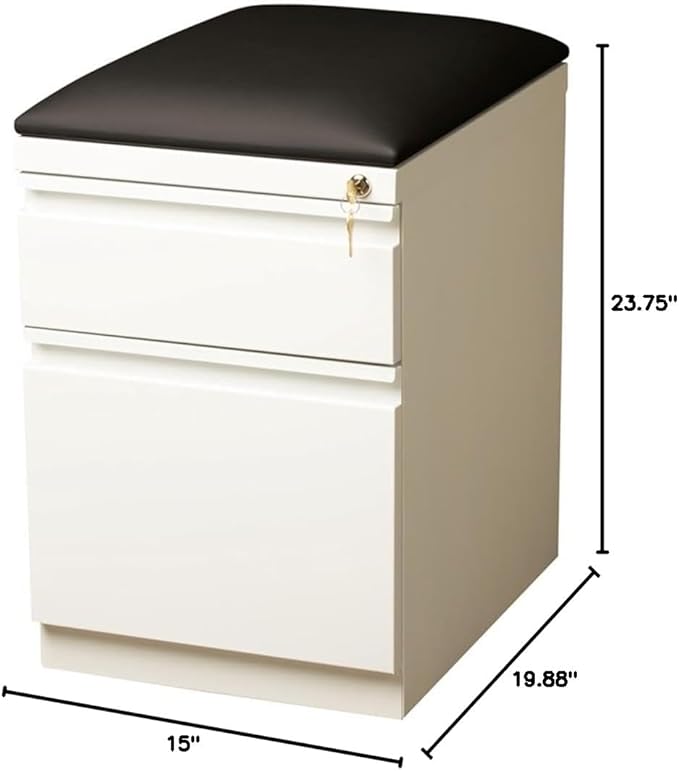 BOWERY HILL 20" D 2-Drawer Mobile Filing Cabinet, Steel Construction, White Finish with Black Cushion, Hidden Casters, Full Extension Drawers, Letter-Size File Storage, Office Organization Solution