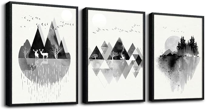 Hyidecorart Black Framed Wall Art - 3 Piece Abstract Geometric Wall Prints for Living Room, Bedroom, Office Decor