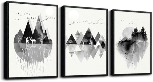 Hyidecorart Black Framed Wall Art - 3 Piece Abstract Geometric Wall Prints for Living Room, Bedroom, Office Decor