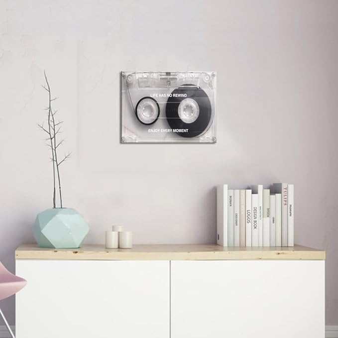 Cassette Music Wall Art with Life Has No Rewind Enjoy Every Moment Motivation Words,Inspirational Vintage Framed Art Posters Stretched and Framed Ready to Hang -12"X16"