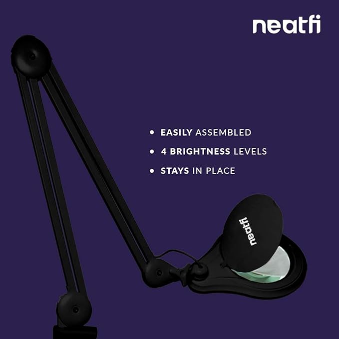 Neatfi LED Magnifying Lamp 1,200 Lumens with Clamp – 5” 5-Diopter Glass Lens, Dimmable Task Light | Adjustable Arm | Reading, Sewing & Crafting (Black, 5 Diopter)