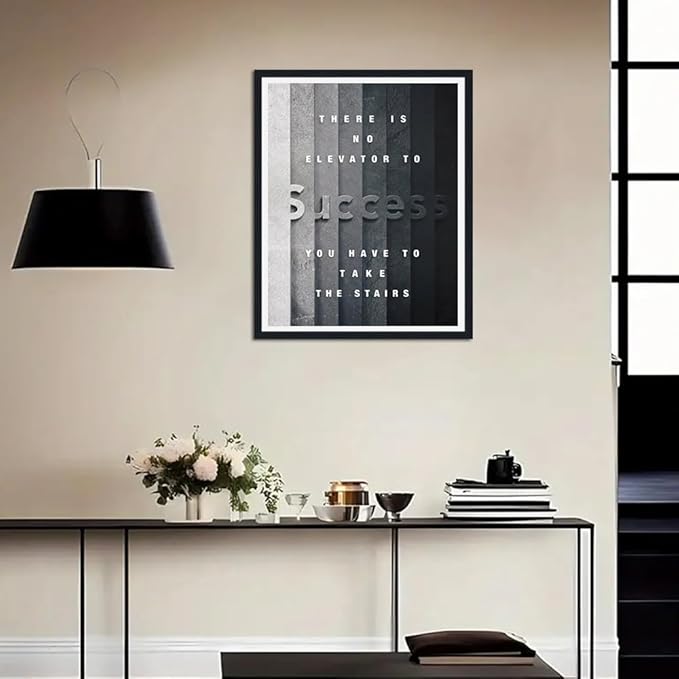 Motivational Framed Canvas Print Wall Art, There Is No Elevator to Success You Have To Take The Stairs Inspirational Quote, Positive Office Decor for Home, Ready to Hang, 12.5x16.5 Inches