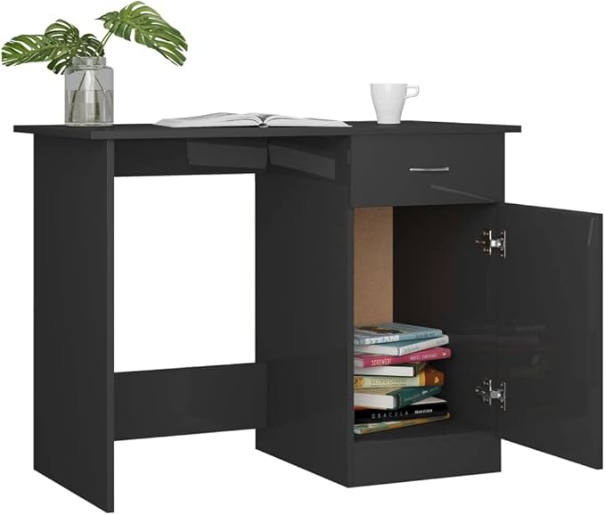 Modern Writing Computer Desk with a Drawer and a Door, Home Office Desk Writing Study Table PC Desk Workstation for Bedroom, High Gloss Gray 39.4"x19.7"x29.9" Engineered Wood(E)