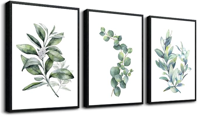 hyidecorart Large Wall Decor Wall Art For Living Room black Framed For Bedroom Room Green Leaves Wall Paintings Office Decor Wall Pictures Kitchen Wall Decoration Set Of 3 Piece Framed Prints Art