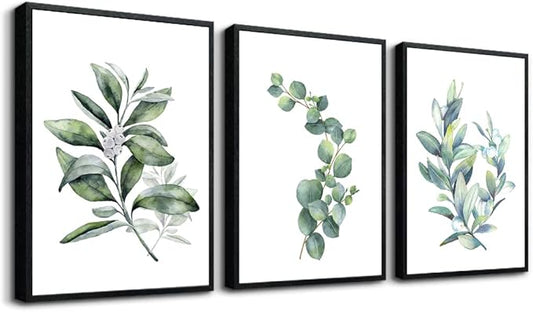 hyidecorart Black Framed Wall Art For Bedroom Wall Decor For Living RoomPlants Green Leaves Painting Bathroom Walls Pictures Kitchen Wall Decorations Office Decor Set Of 3 Piece Framed Prints Art